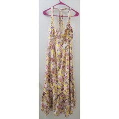 Bardot Yellow Floral Linen Blend Halter Maxi Dress Tiered Ruffle Size US 8 L