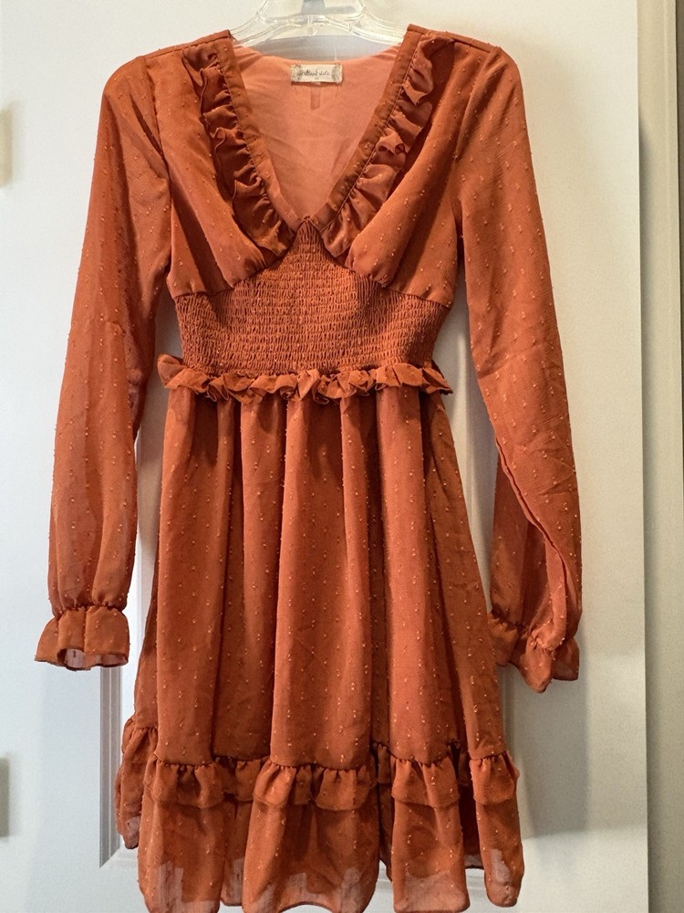 Altar’d State V-Neck Sheer Long Sleeve Ruffle Mini Dress Women’s XS Rust Orange