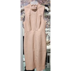 Vegan Leather MIDI DRESS Blush-Pink Nude High Neck Modest Bodycon Sheath Bust 35