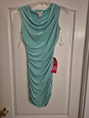 Sweet Storm Dress Runched Sides Seafoam Green & Silver Glitter Mini Dress M