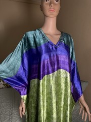 Santee Classics Colorblock Satin Kaftan Dress V-Neck Beaded Long One Size