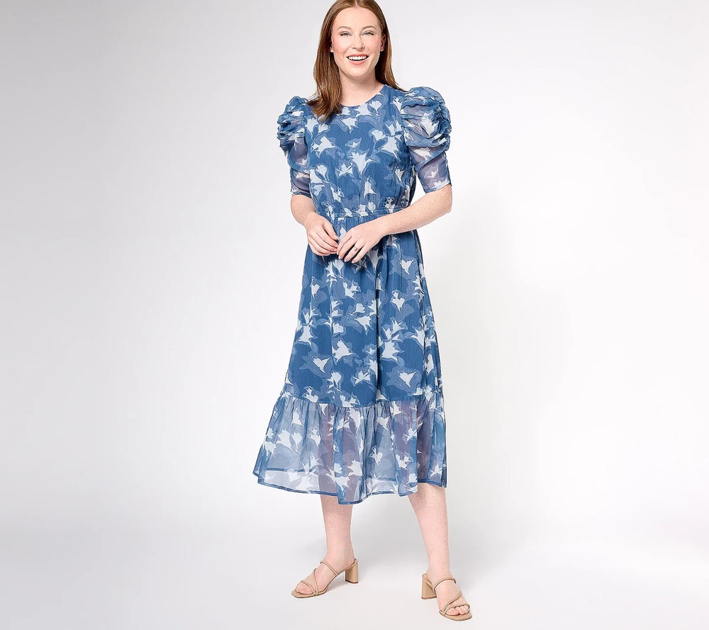Destination 365 Chiffon Puff Sleeve Midi Dress-Indigo Floral-XL A614501 NEW