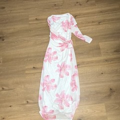 Women’s S White Pink Floral One Shoulder Ruched Long Maxi Chiffon Dress