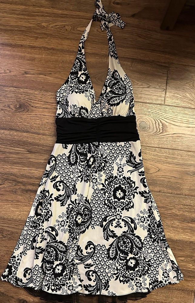 Madison Leigh Black White Halter Dress Fit & Flare Chiffon Tulle Hem Small