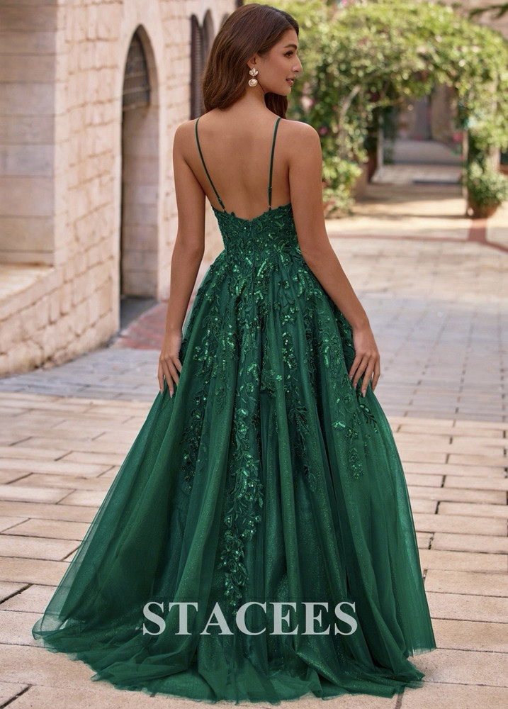 Stacees Green Tulle Beaded Embroidered V-Neck Spaghetti Strap Slit Gown