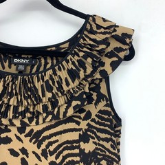 DKNY Cap Sleeve Shift Dress Womens Size 4 Leopard Animal Print Tan Black Silk