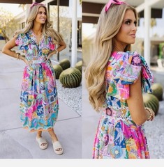 J. Marie Sloane Bow Sleeve Celestial Zodiac Midi Dress L Maximalist Summer