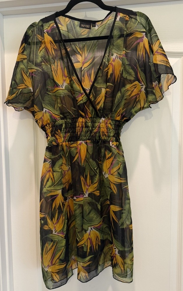 Revue Free Size Tropical Bird of Paradise Sheer Cover Up Dress Green Floral
