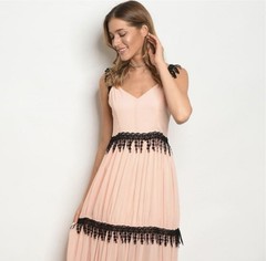 INA Romantic Chiffon Crochet Lace Tiered Dress Sz L Baby Shower Wedding Guest