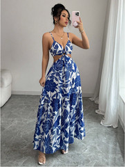 Long Blue and White Floral Dress ,New , Available in S,M,L,XL