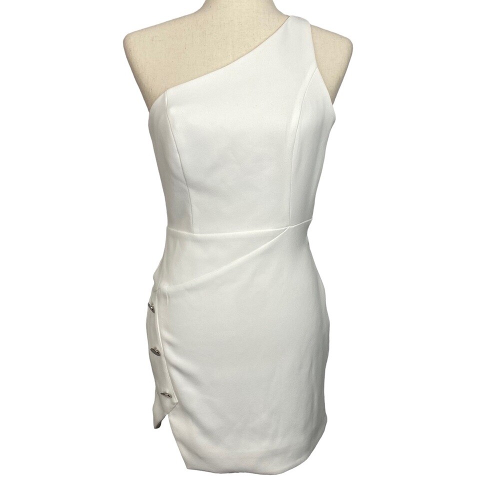 NBD Aldo White One Shoulder Mini Dress XS Revolve Asymmetric Slit Button Accent