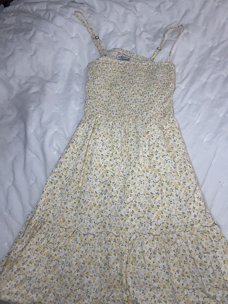 Hollister White Yellow Green Floral Smocked Sleeveless Square Neck Midi Dress M
