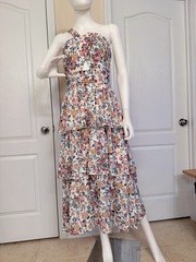 NWT Reverse One-Shoulder Floral Tiered Maxi Dress Cream w/Peach Roses Size 12