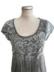 CMD GREY SILK MIK EMBROIDERED SCOOP NECK CAP SLEEVED SHIFT DRESS ONE SIZE