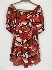 Boho Chic Tropical Mini Dress Women&rsquo;s L Green Pink Short Puffy Sleeve Resortwear