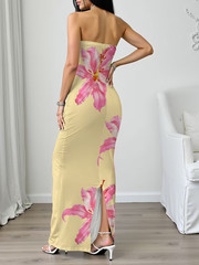 NEW Small Elegant Sleveless Ruched Soft YELLOW Maxi Dress w Pink & White Flowers