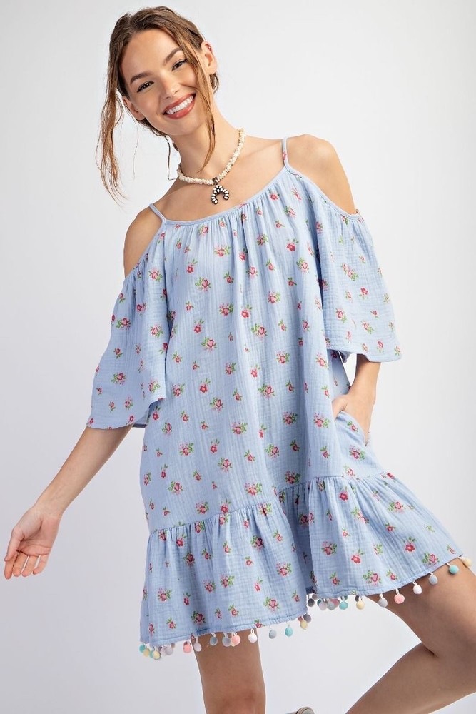 New Easel Cold Shoulder Dress Pom Pom Ruffle Gauze Blue Floral Size Large NWT