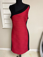 Joseph Ribkoff Size 12 Red Black Colorblock One Shoulder Sheath Dress Zip