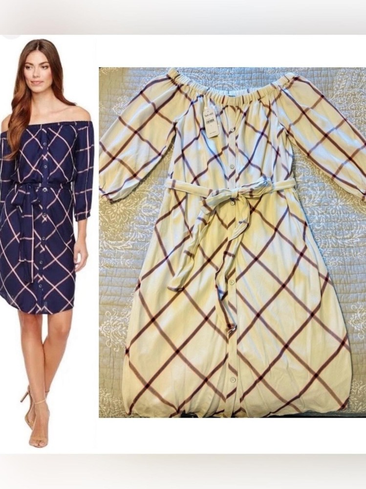 Splendid Off Shoulder Long Sleeve Preppy Tie Waist White Blue Print Midi Dress