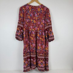 Agnes Orinda Plus Size 1X Boho V Neck 3/4 Sleeve Floral Print Tiered Midi Dress