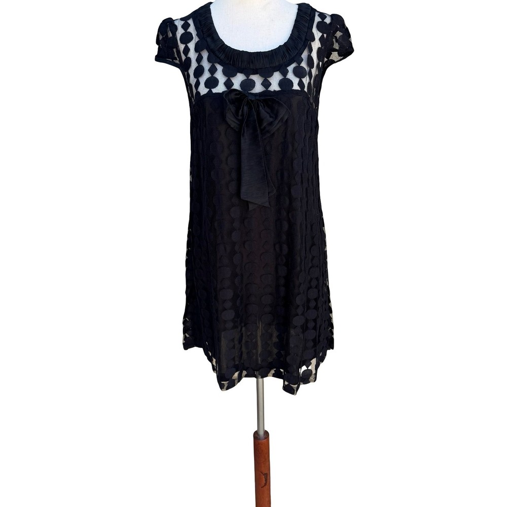 Bloom Black Mesh Geometric Bow Front Cap Sleeve Mini Dress Medium Goth Babydoll
