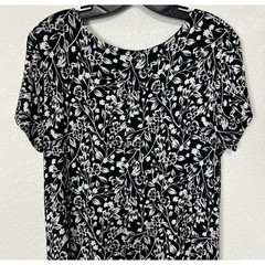 Old Navy M Black White Floral Dress Stretch Short Sleeve A-line Preppy Cottage