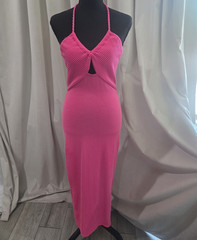 MISTYROSE Pink Solid Ribbed Knit Halter Tie Back Cut Out Stretch Maxi Dress S