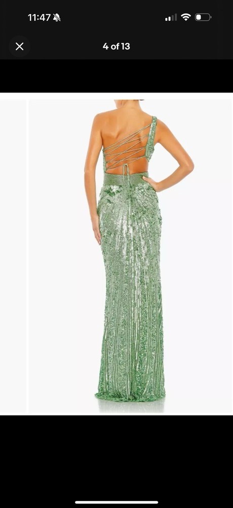 Mac Duggal Sequined One Shoulder Draped Lace Up Gown In Sage Size 4.