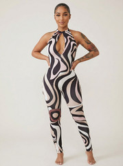 Retro Swirl Keyhole Halter Jumpsuit