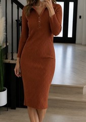 Rust Ribbed Knit Collared Midi Sweater Dress | Long Sleeve Bodycon Fall Dress Sz