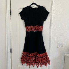 Jonathan Simkhai Black/Red Lace Trim Fit & Flare Round Neck Dress Sz 6