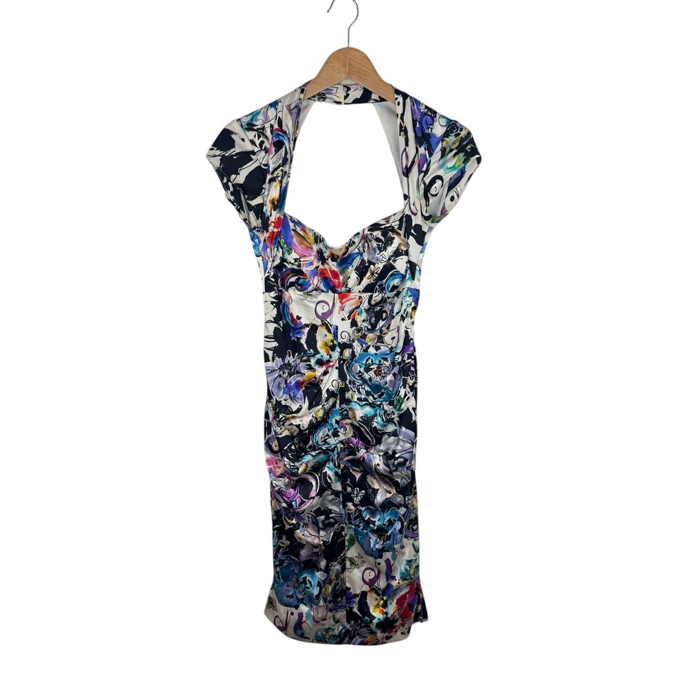 VTG Cache Ruched Bodycon Silk Dress 4 Abstract Colorful Cut Out