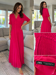 Zara Pink Solid V-Neck Smocked Button Front Ruffle Maxi Dress Short Sleeve M