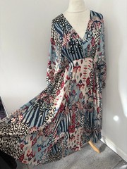 Stunning Monsoon Mercy Size XL 20 22 Patch Print Boho Silky Blue Kaftan Dress