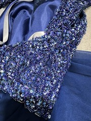 Sherri Hill Beaded Fit and Flare Cocktail Dress Cap Sleeve Blue Prom Formal Glam