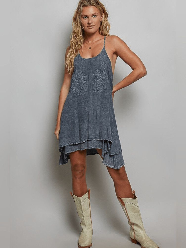 POL Embroidered Adjustable Strap Mini Washed Slate Blue Layered Blue Dress sz Me