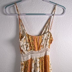 Justify Women’s M Ivory Orange Floral V-Neck Crochet Spaghetti Strap Maxi Dress
