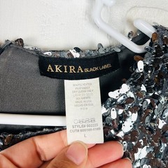 Akira Black Label Sequin Mini Dress Silver 3/4 Sleeve Shoulder Pads L