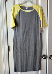 LuLaRoe Julia Dress Size M Gray/Yellow Raglan Sleeve Knee Length new with tags