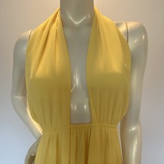 VICI Yellow Halter Backless Open Back Chiffon Midi Dress Pleated XL D-4989