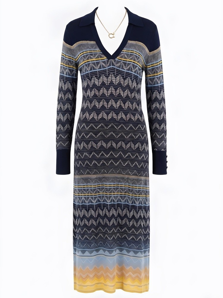 Ted Baker Navy, Gray & Yellow Chevron Knit Maxi Dress