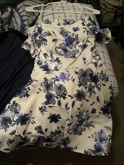 Women&rsquo;s White/Blue Floral Square Neck Puff Sleeve Ruffle Zip Fit & Flare