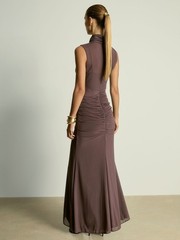 Grey Brown Pleated Sleeveless Ball Gown with High Neck and Pleated Evening Dress