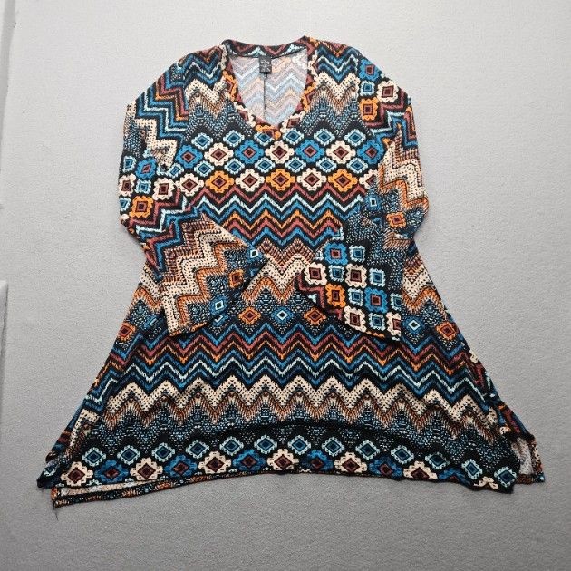 WinWin Womens Size Large XL Multicolor Geometric V-Neck Flare Bottom Tunic