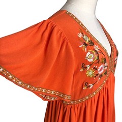 In Loom Boho Peasant Dress Medium Orange Green Embroidered Pullover Boho Tunic