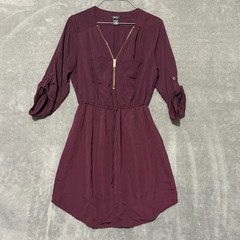 Rue 21 Womens Mid Thigh Dress Size S Burgundy Maroon Zip Roll Tab Sleeve
