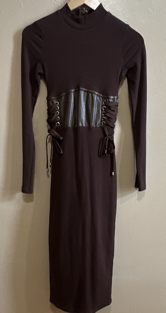 Fashion Nova Brown Mock Neck Long Sleeve Bodycon Midi Dress Lace-Up Corset M