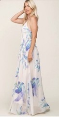 ONETHELAND Lavender Floral Printed Chiffon Wrap Front V Neck Maxi Dress- Large