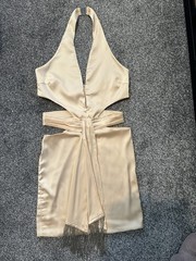 Mini Dress Cream by oh polly Body Con Plunge Alterneck SZ 6 Tassel Belt Bx10