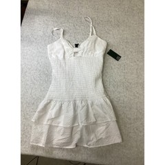 Wild Fable White Seersucker Smocked Mini Dress Bow Tiered Ruffle Medium NEW